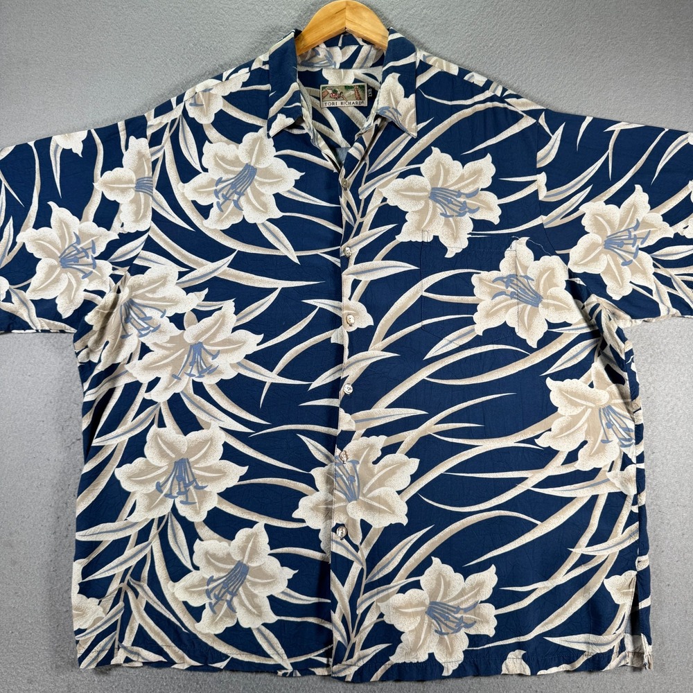 Vintage Tori Richard Hawaiian Shirt Mens 2XB Blue Floral Comfort Island Vacation